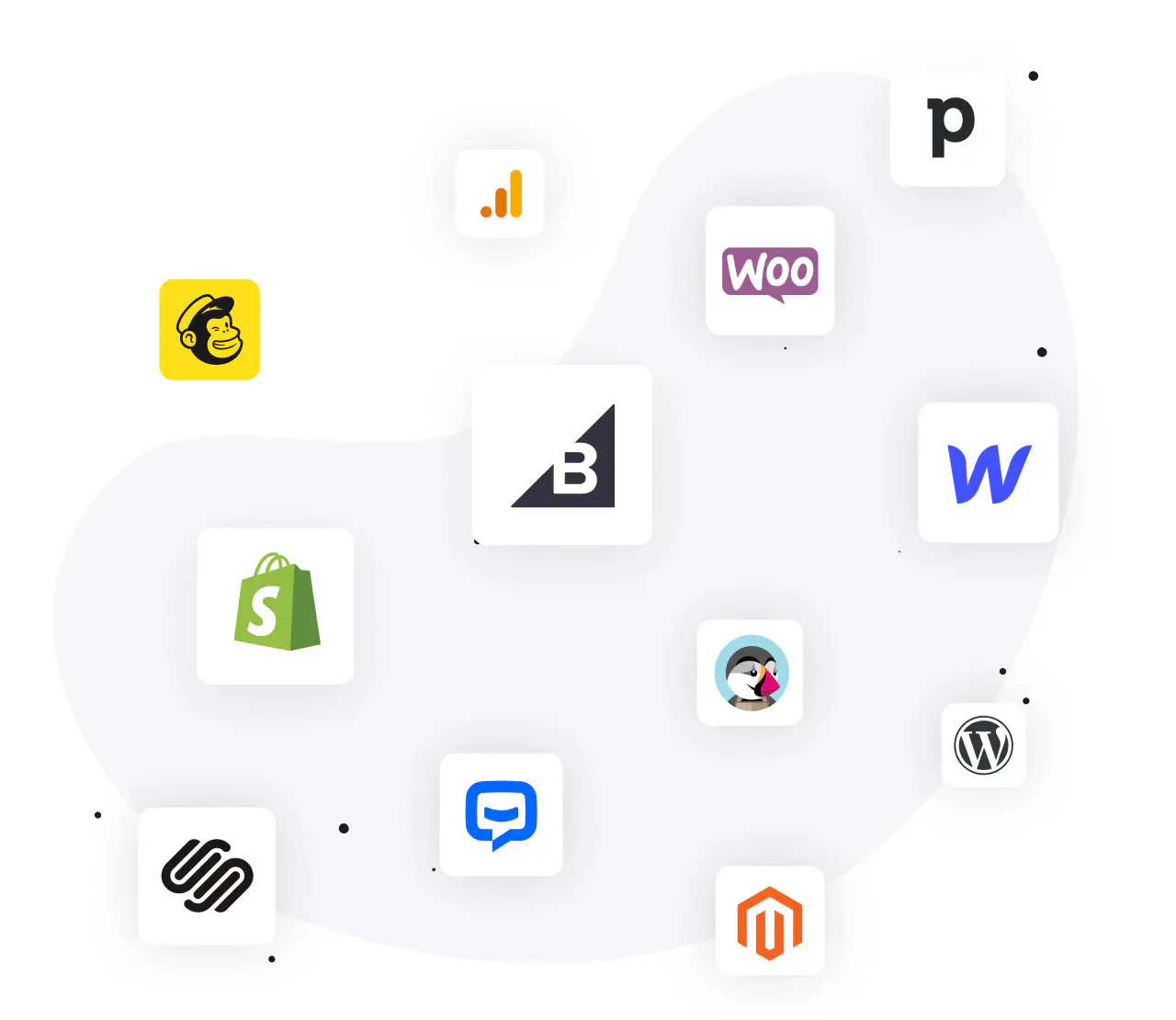 Logos of LiveChat integrations for ecommerce: Facebook, Shopify, Mailchimp, WordPress, Slack, Google Docs, Hubspot and more
